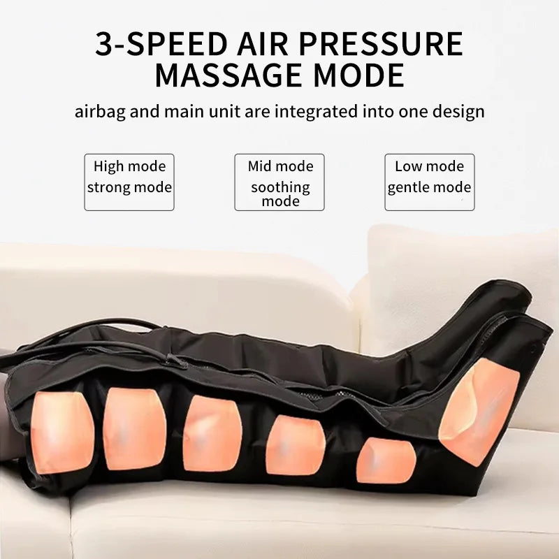 3-speed air pressure massage device on a white couch with text indicating different modes.