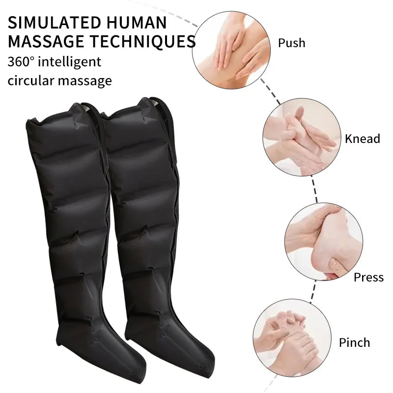 Black massage boots with illustrated massage techniques on a white background