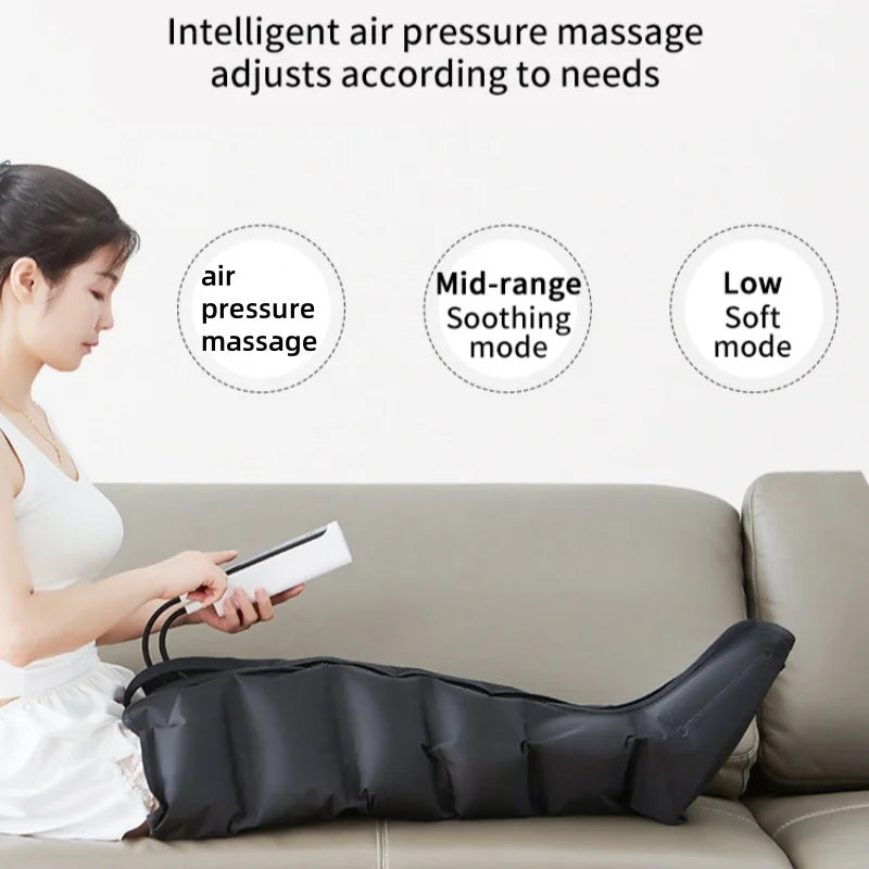 Woman using an air pressure massage device on a couch with text indicating different massage modes.