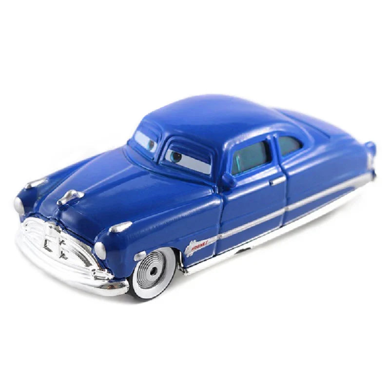 Blue vintage-style toy car on a white background