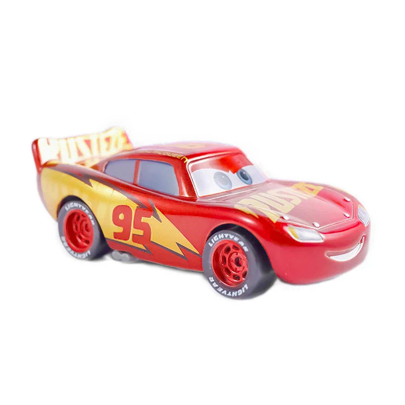 Red toy car with yellow accents and the number 95 on a white background