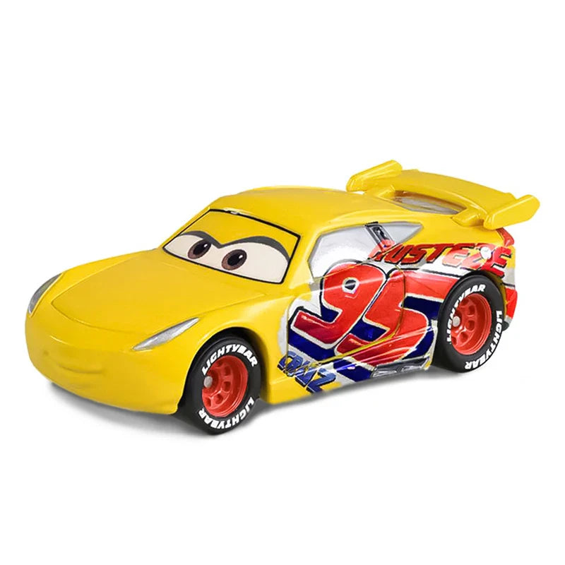 Yellow toy car with red and blue design on a white background