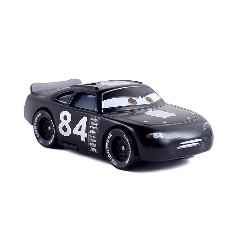 Black toy car with number 84 on a white background