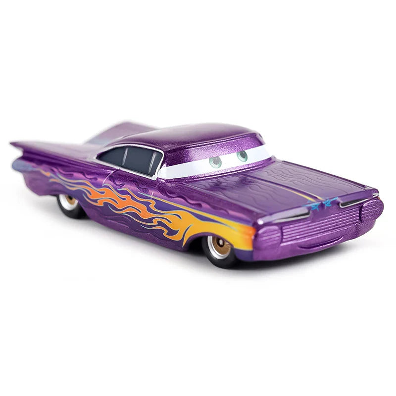 Purple toy car with flame design on a white background