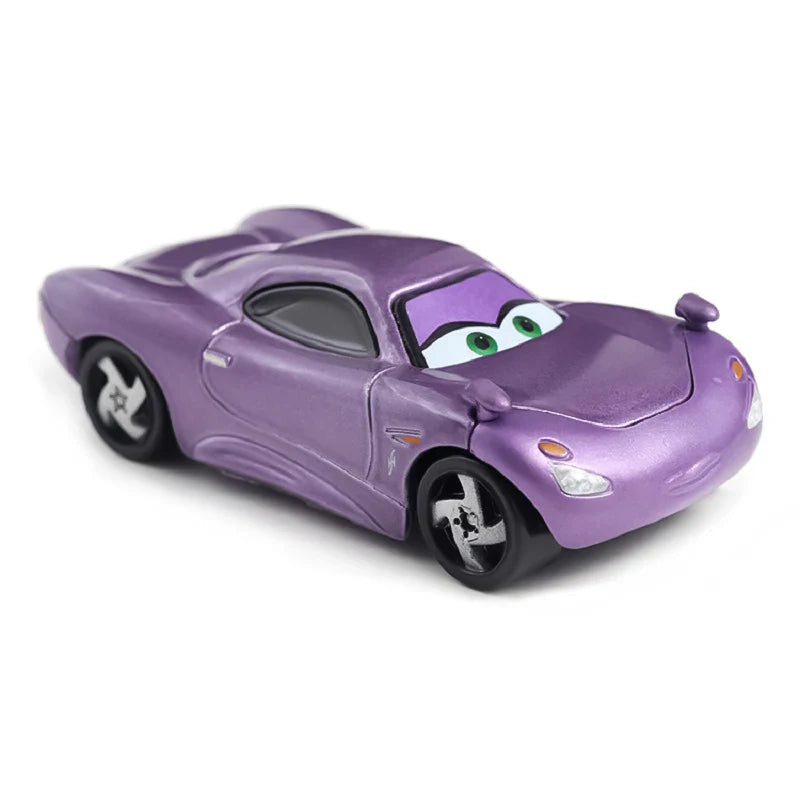 Purple toy car with a face on a white background