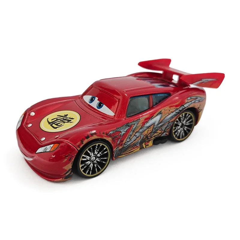 Red toy car with a yellow label on a white background