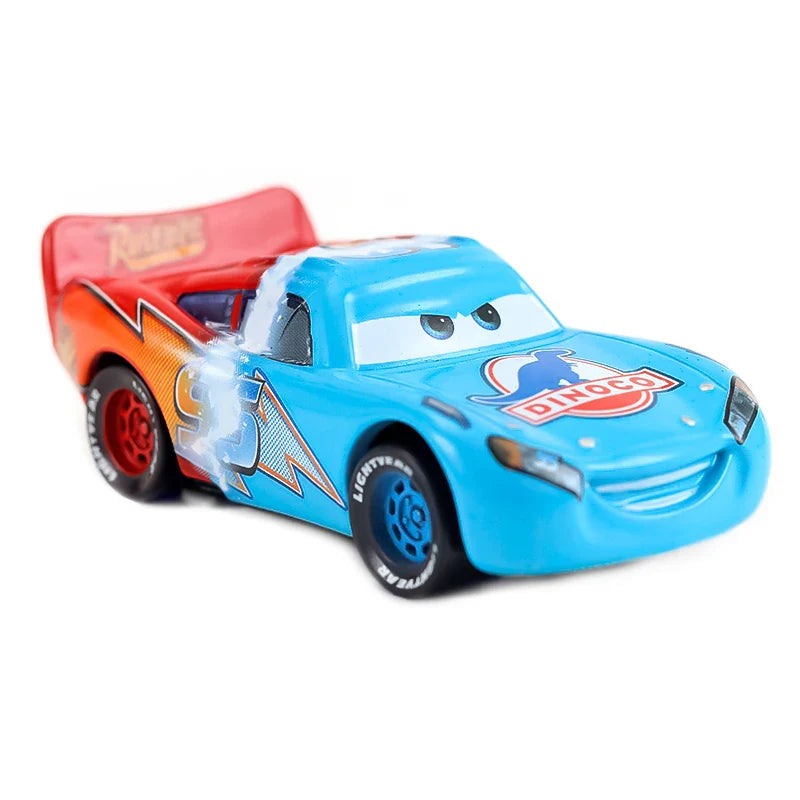 Toy car with a blue body and red hood on a white background