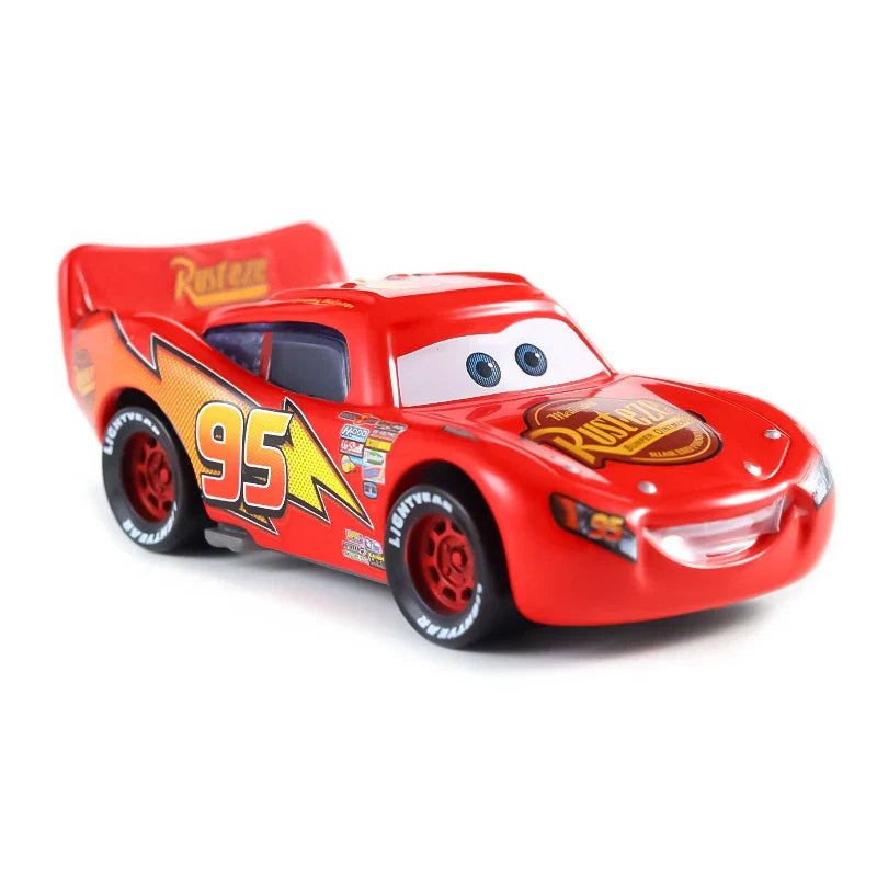 Red toy car with '95' and lightning bolt design on a white background