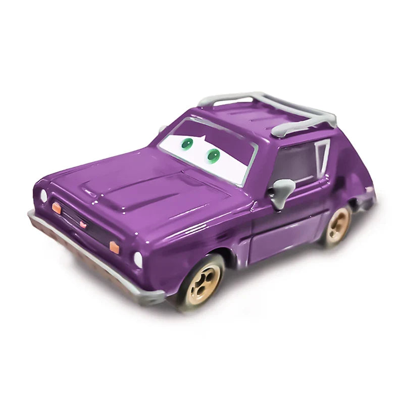 Purple toy car with a white roof on a white background