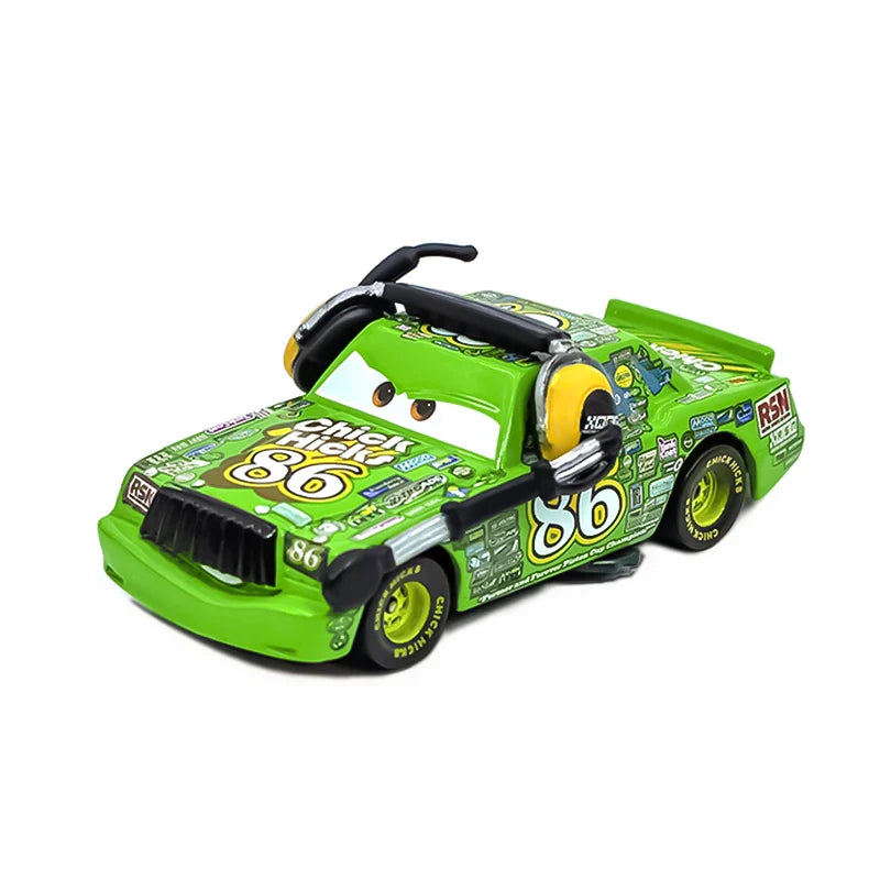 Toy race car with a green body and yellow accents on a white background