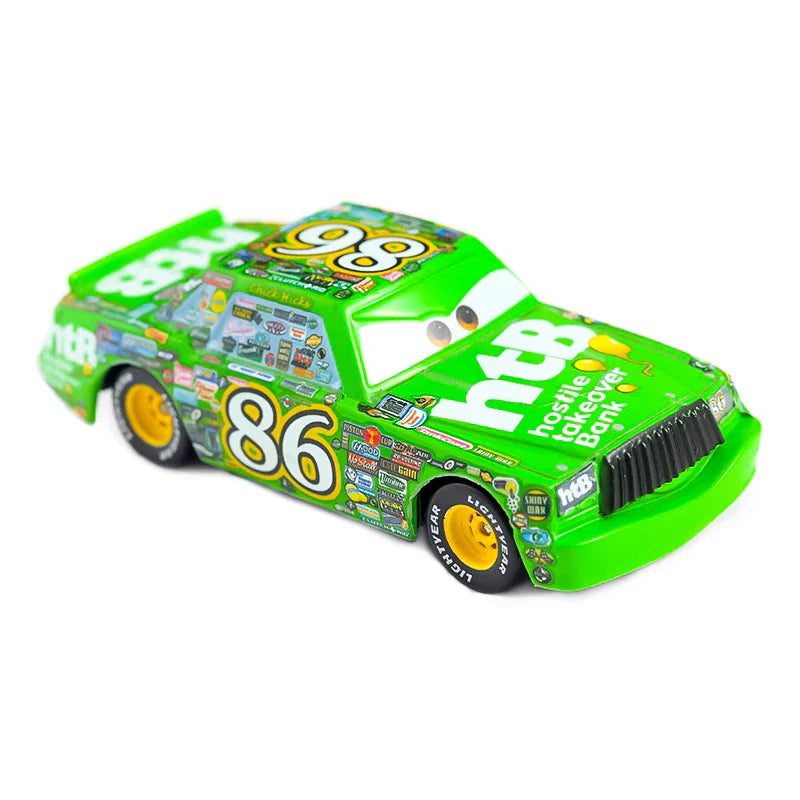 Green toy race car with colorful decals on a white background