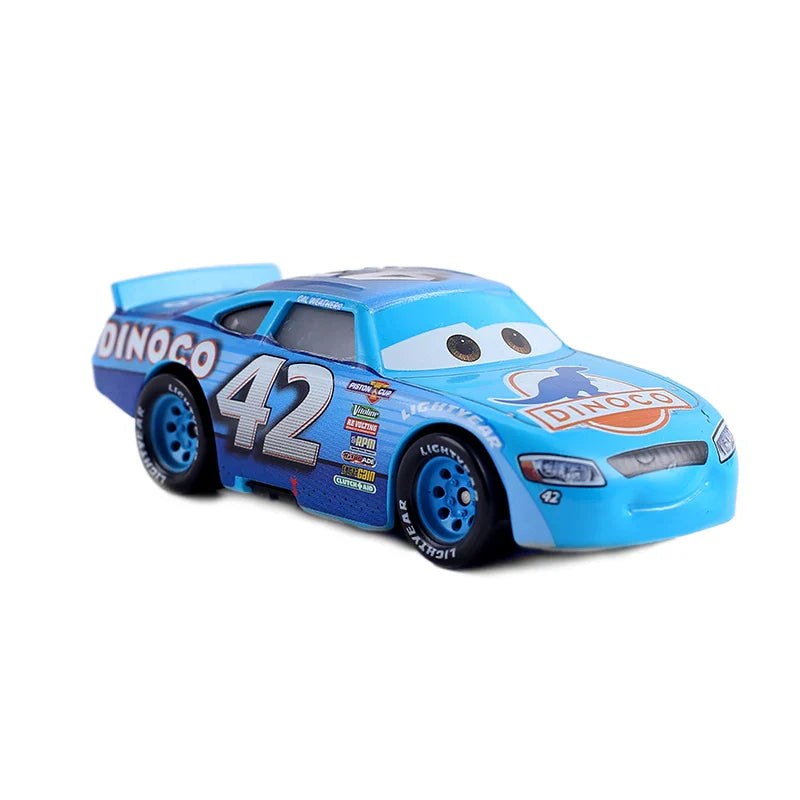 Blue race car model with 'Dinoco' branding on a white background