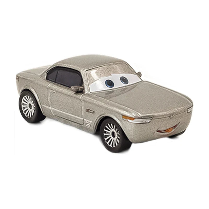 Toy car with a smiling face on a white background