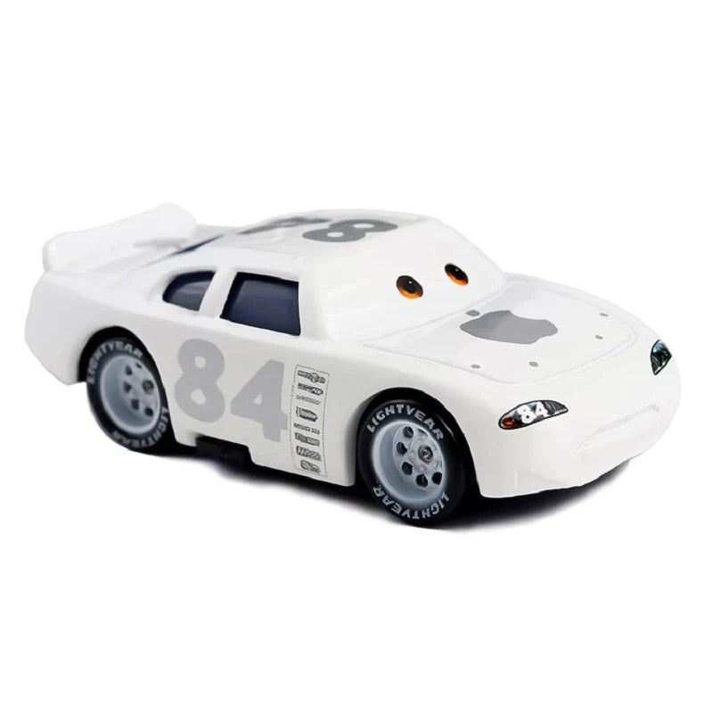 White toy race car with number 84 on a white background