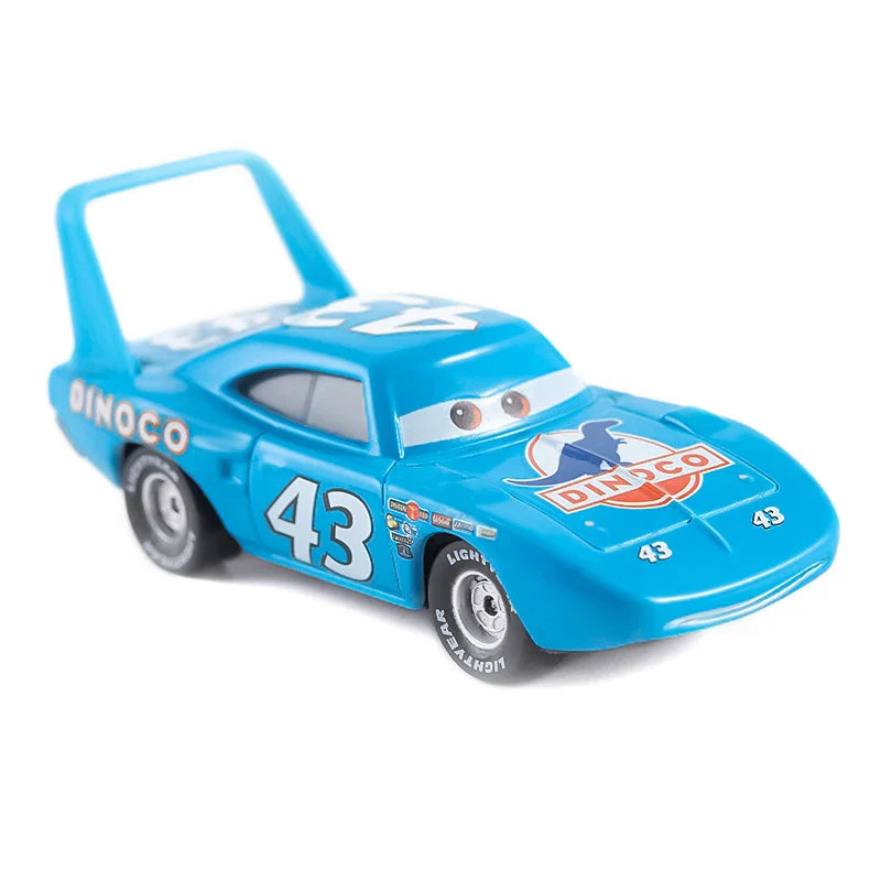 Toy race car with 'Dinoco' branding on a white background
