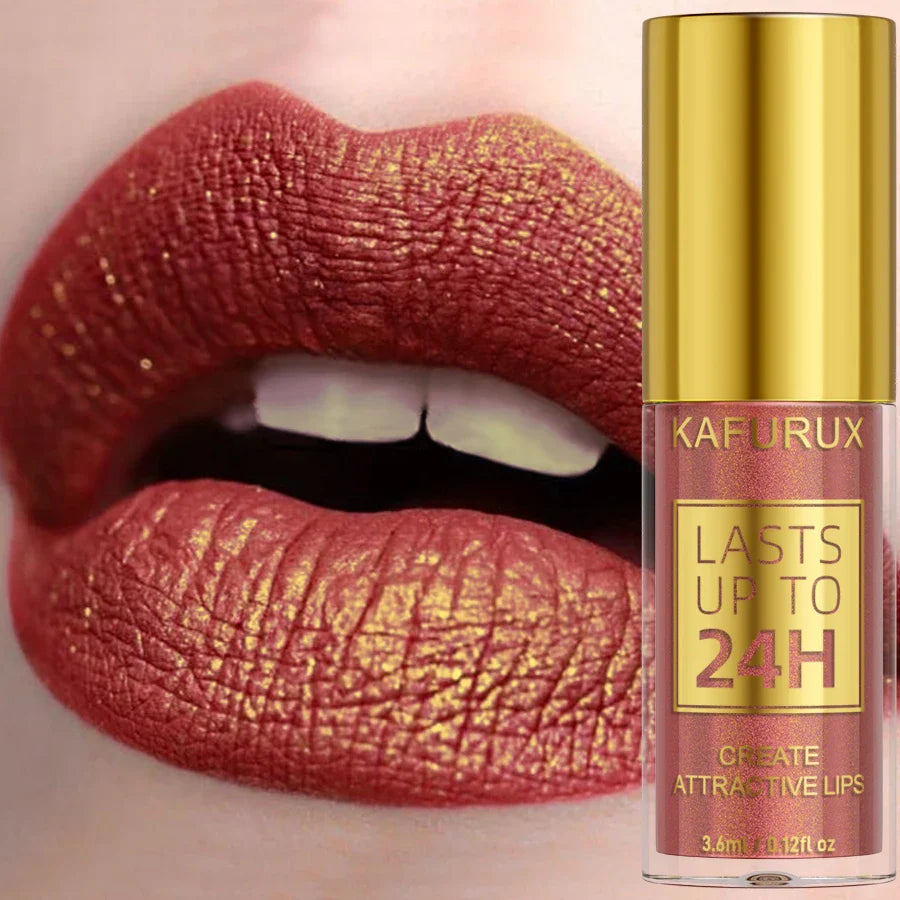 Lipstick with gold cap and 'KAFURUX' branding, applied on lips.