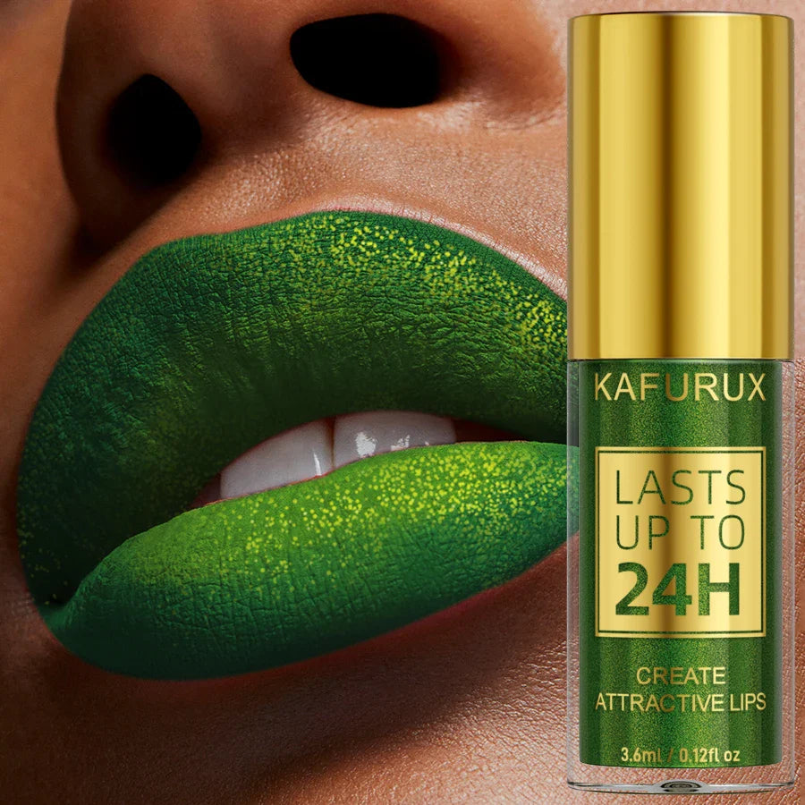 Lipstick with green color and 'KAFURUX' branding on a close-up of lips.