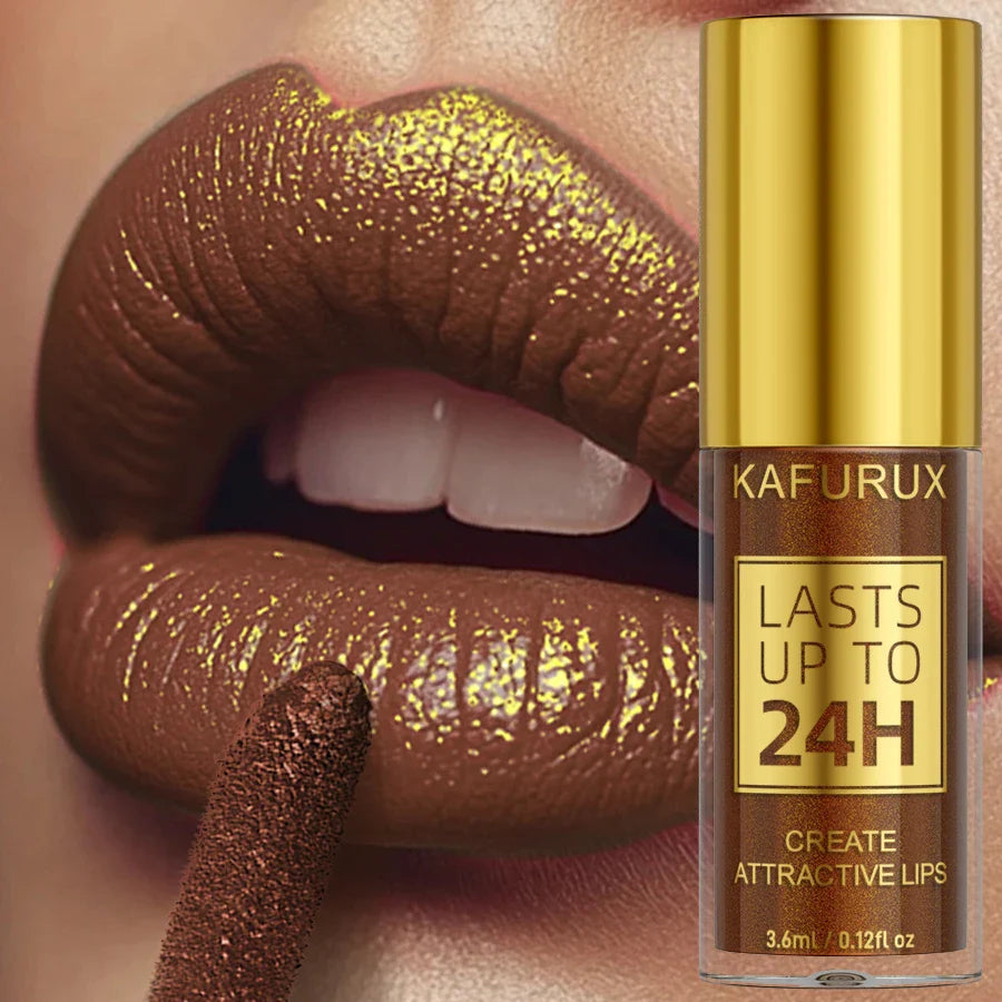 Lipstick with gold glitter applied to lips and KAFURUX lipstick tube displayed.