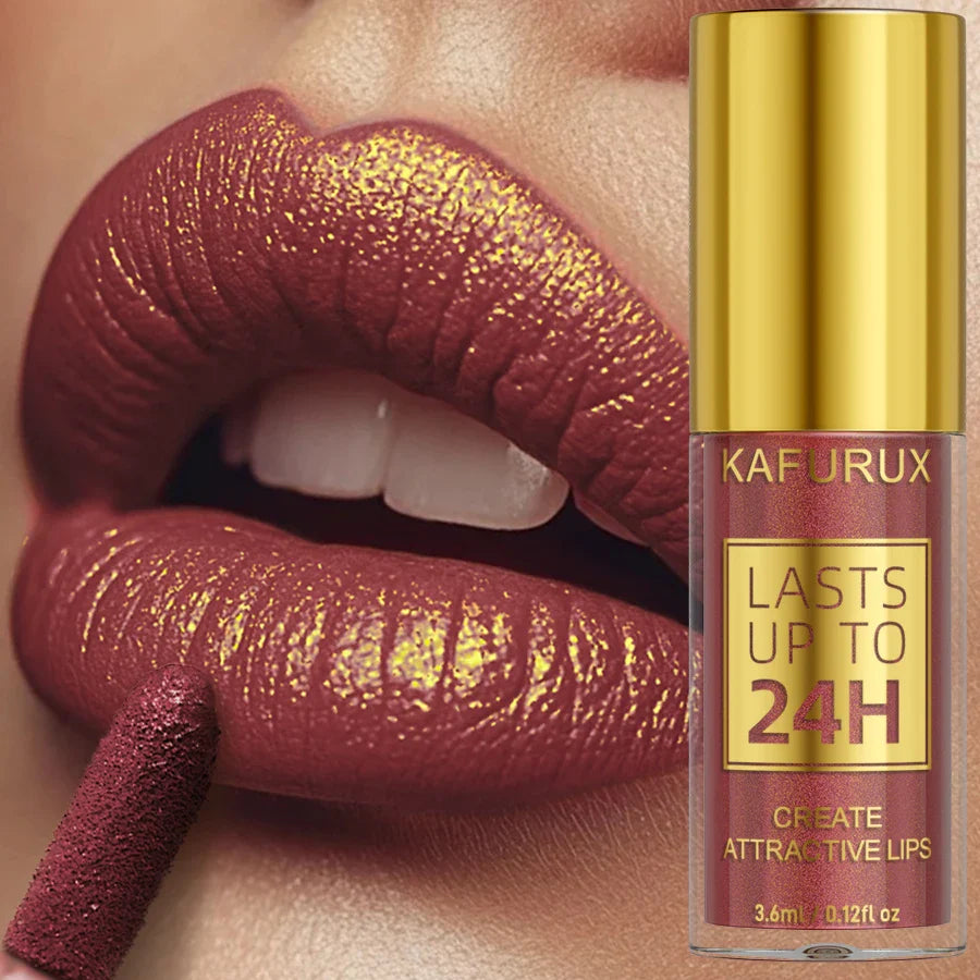 Lipstick with gold cap and 'KAFURUX' branding, applied on lips.
