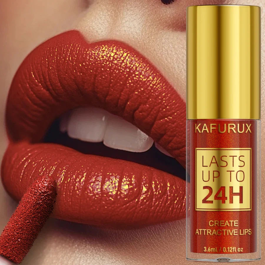 Red lipstick with a gold tube labeled 'KAFURUX' on a close-up of lips.
