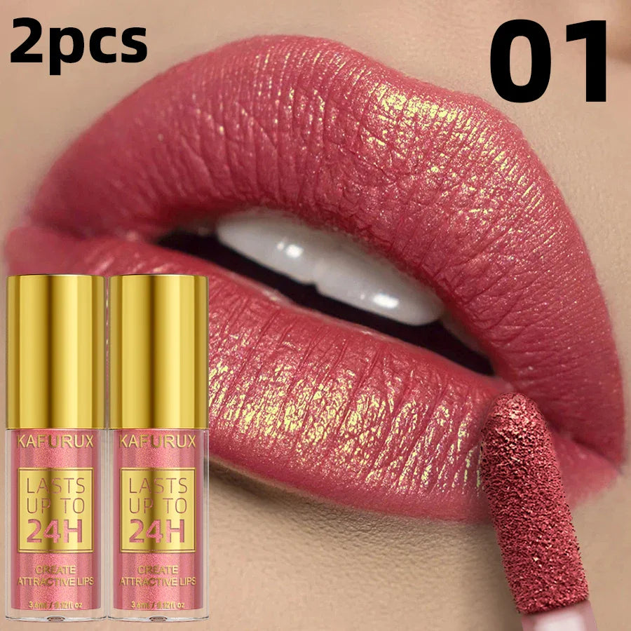 Lipstick with gold packaging and 'Lasts up to 24H' text, applied on a lip with a close-up of the lipstick.