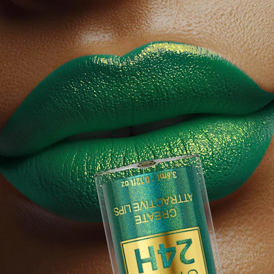 Green lipstick with glitter on lips and a tube of lipstick in the foreground