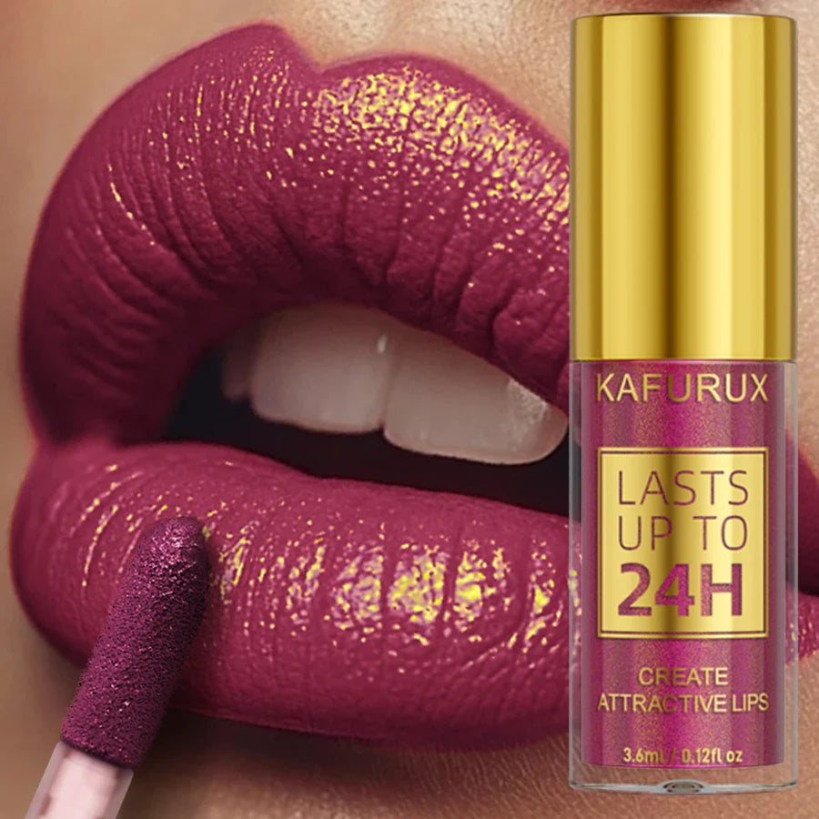 Lipstick with glittery purple shade on lips and KAFURUX lipstick packaging.