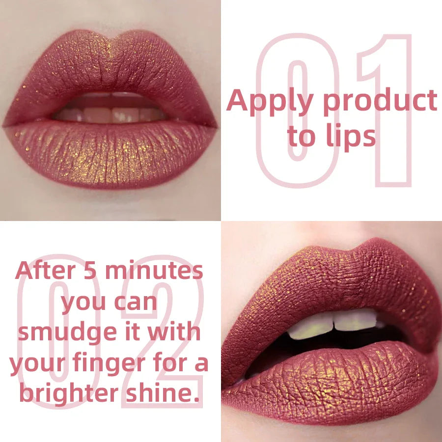 Lipstick application tutorial showing a close-up of lips with text instructions.