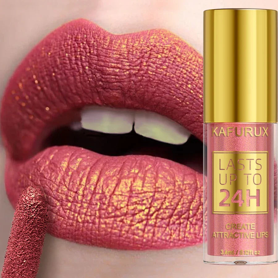 Lipstick with glittery pink finish and KAFURUX lip balm packaging.