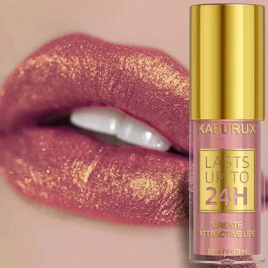 Lipstick with glittery pink shade worn on lips, next to a gold lipstick tube labeled 'KAERURUX'.