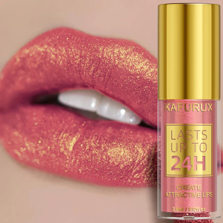 Lipstick with glittery pink shade and gold tube labeled 'KARURUX' on a beige background.