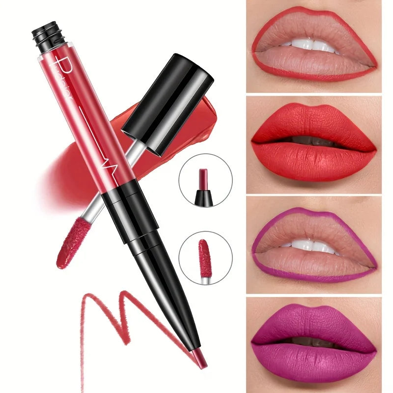 Lipstick with applicator and close-up shots of lips with different shades of red and pink.