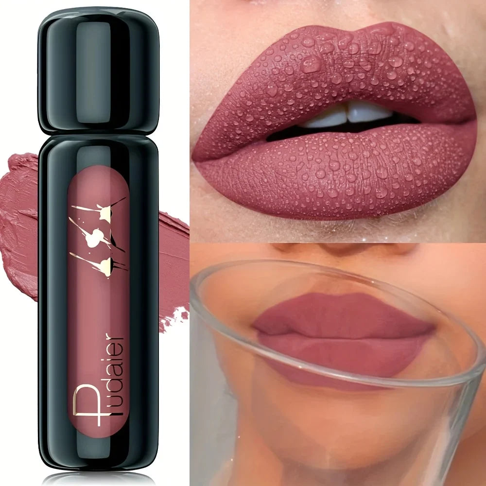 Lipstick with a close-up of lips wearing the shade and a glass of water.