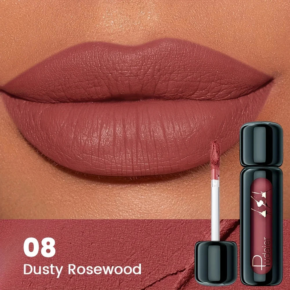 Lipstick with applicator and case on a matching lip color background, labeled 'Dusty Rosewood'.