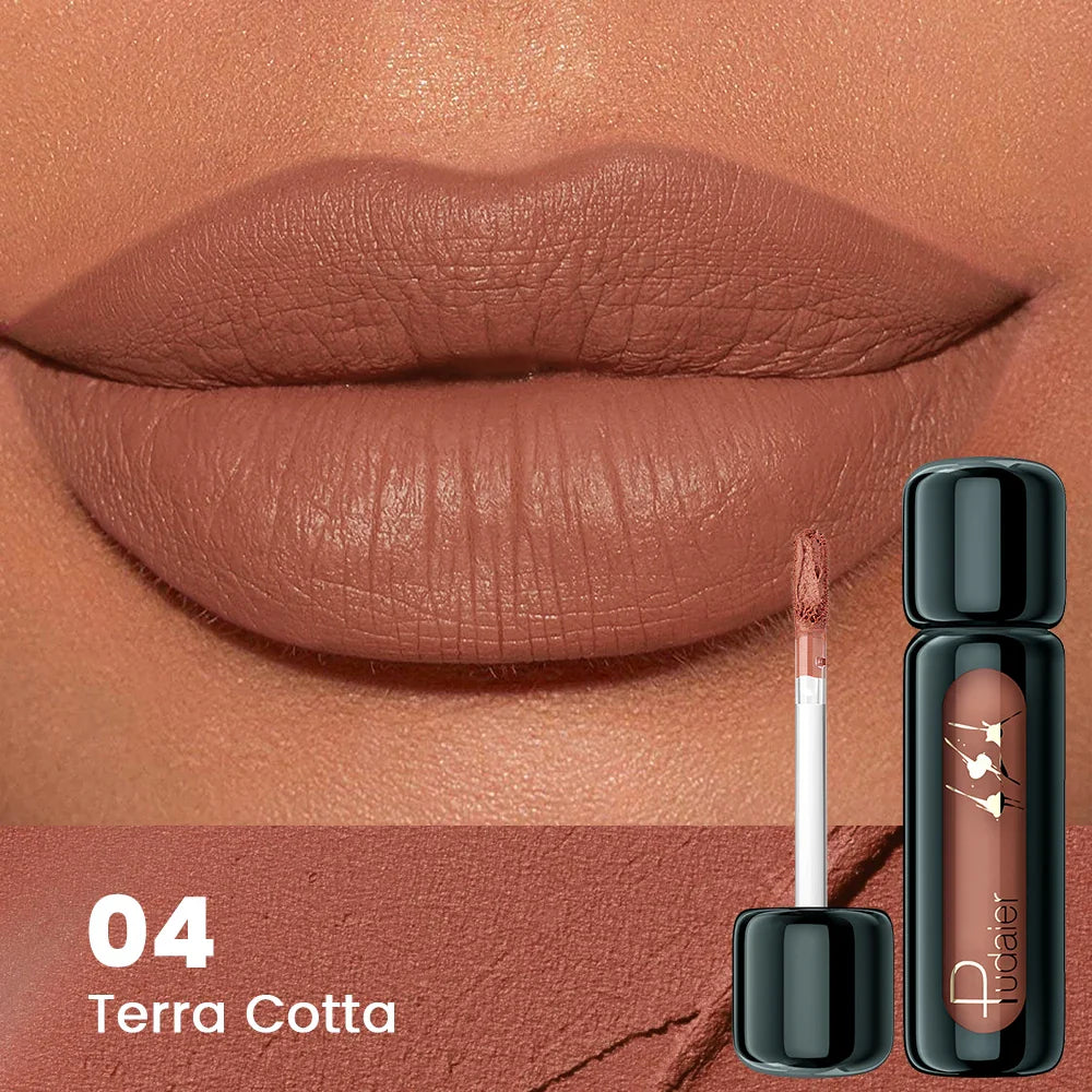 Lipstick with applicator and case on a close-up of lips wearing the shade 'Terra Cotta'.