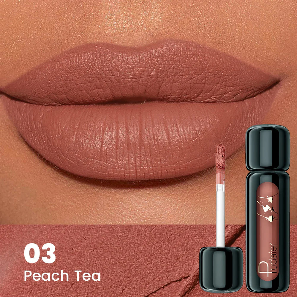 Lipstick with applicator and case on a brown background, labeled '03 Peach Tea'.
