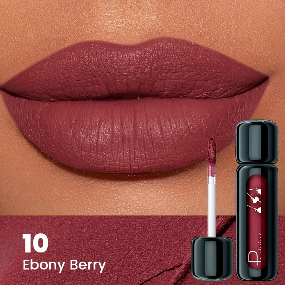 Lipstick with applicator and case on a brown background, labeled 'Ebony Berry'.