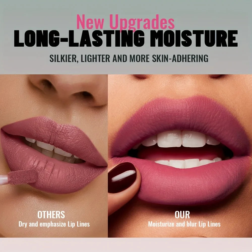 Lipstick application on lips with text about new upgrades in long-lasting moisture.