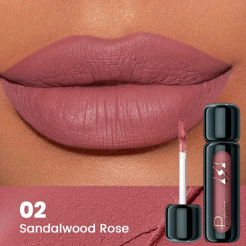 Lipstick with 'Sandalwood Rose' shade on a close-up of lips and product packaging.