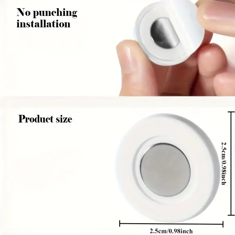 Small round white object held by a hand with text indicating 'No punching installation' and 'Product size'.