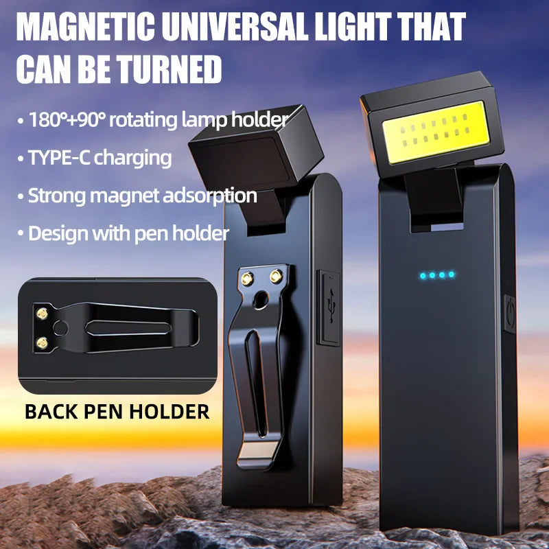 Magnetic universal light with features listed on a scenic background