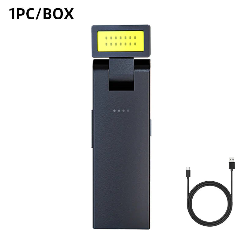 Black electronic device with a yellow screen, USB cable, and charging cable on a white background.