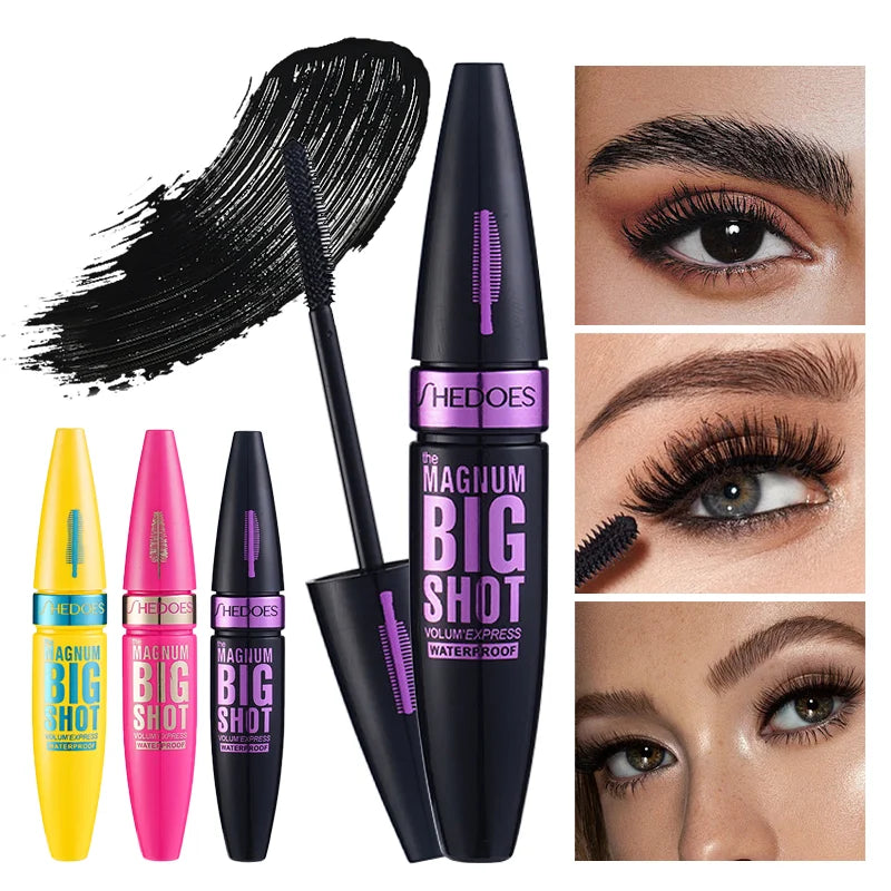 Shegoes Magnum Big Shot mascara with close-up shots of an eye wearing the product.