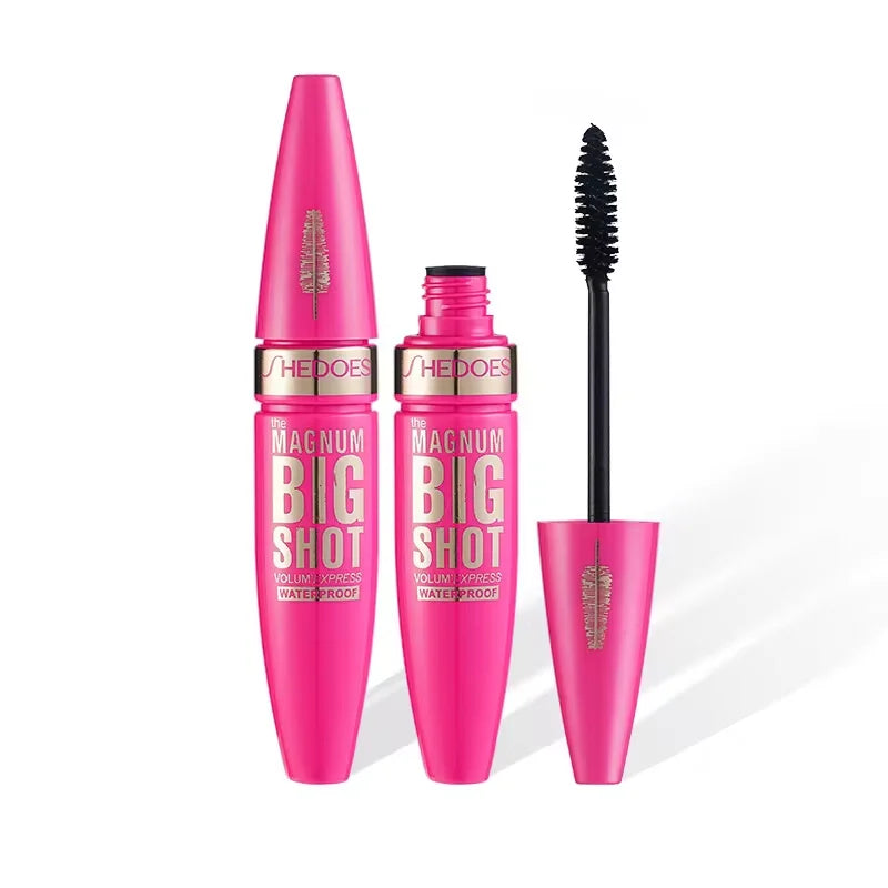 Pink mascara with black brush on a white background