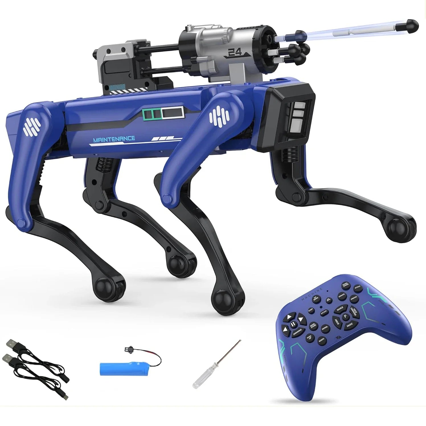Blue robot dog with remote control and accessories on a white background