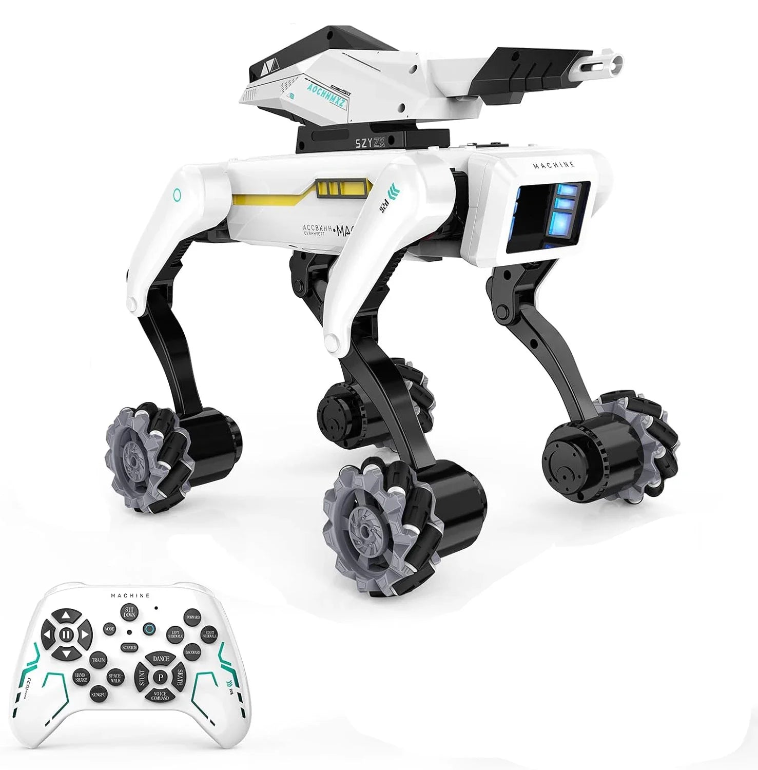 Robotic dog with remote control on a white background