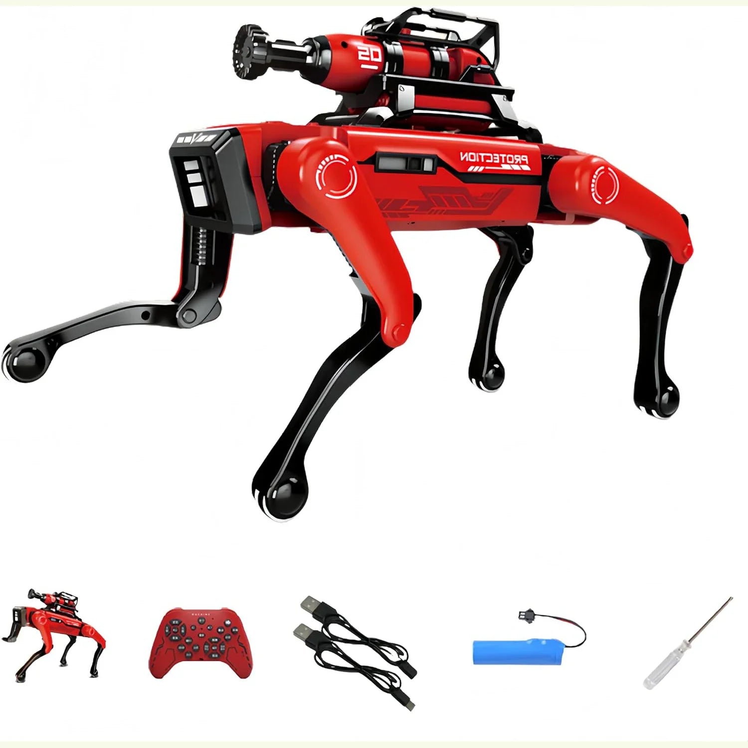 Red and black robot dog with accessories on a white background