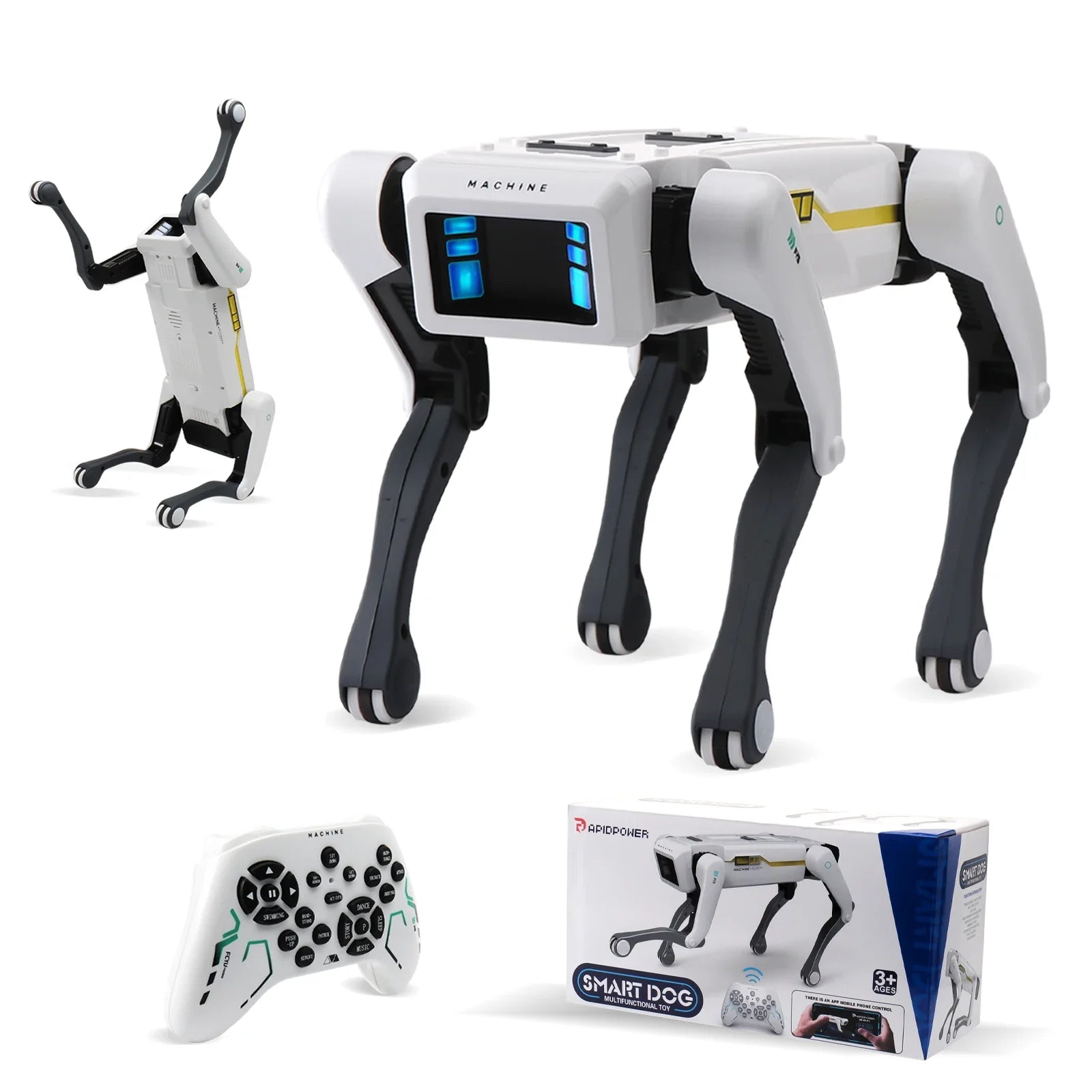 Robotic dog with remote control and packaging on a white background