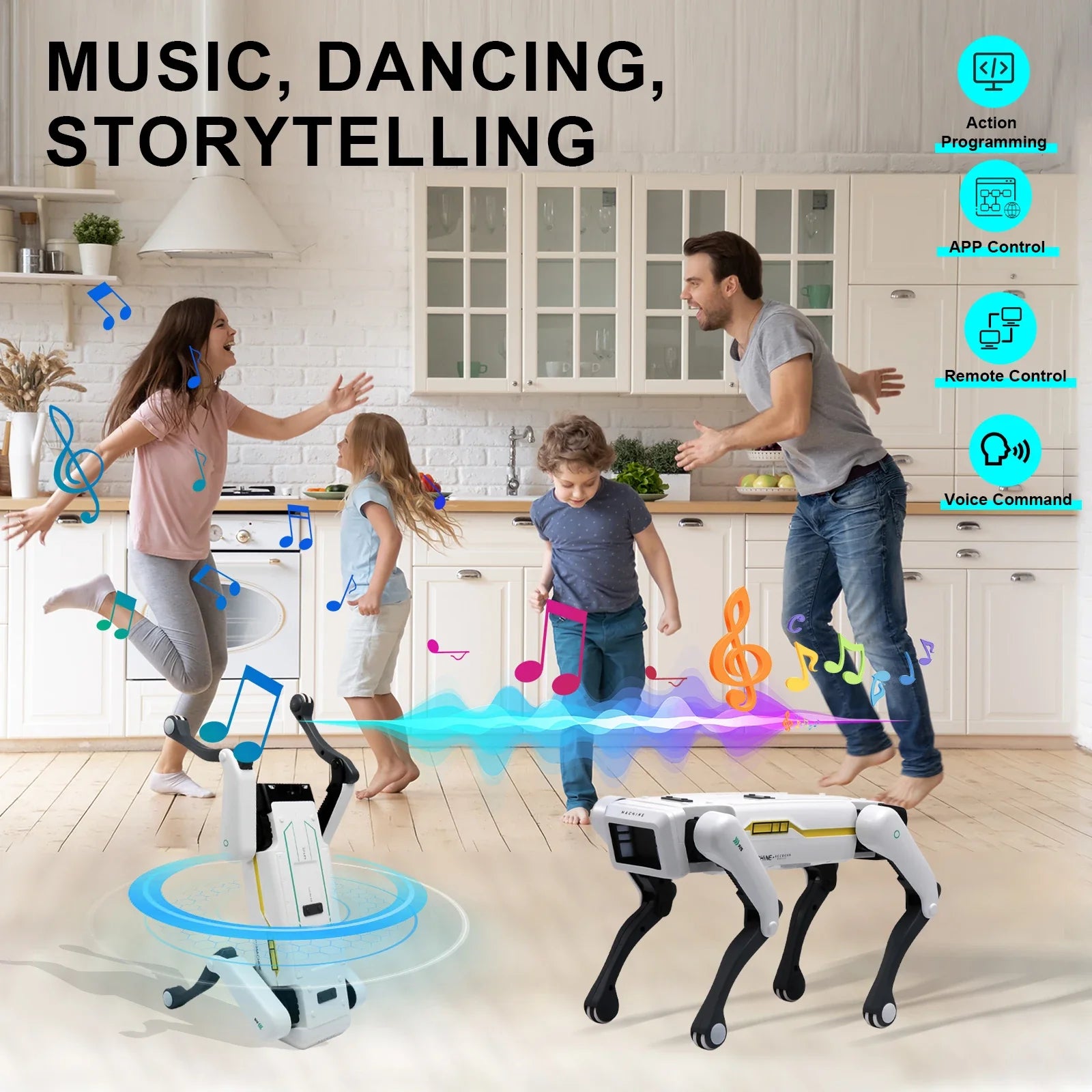Family playing with a robot dog in a kitchen, with text about its features.
