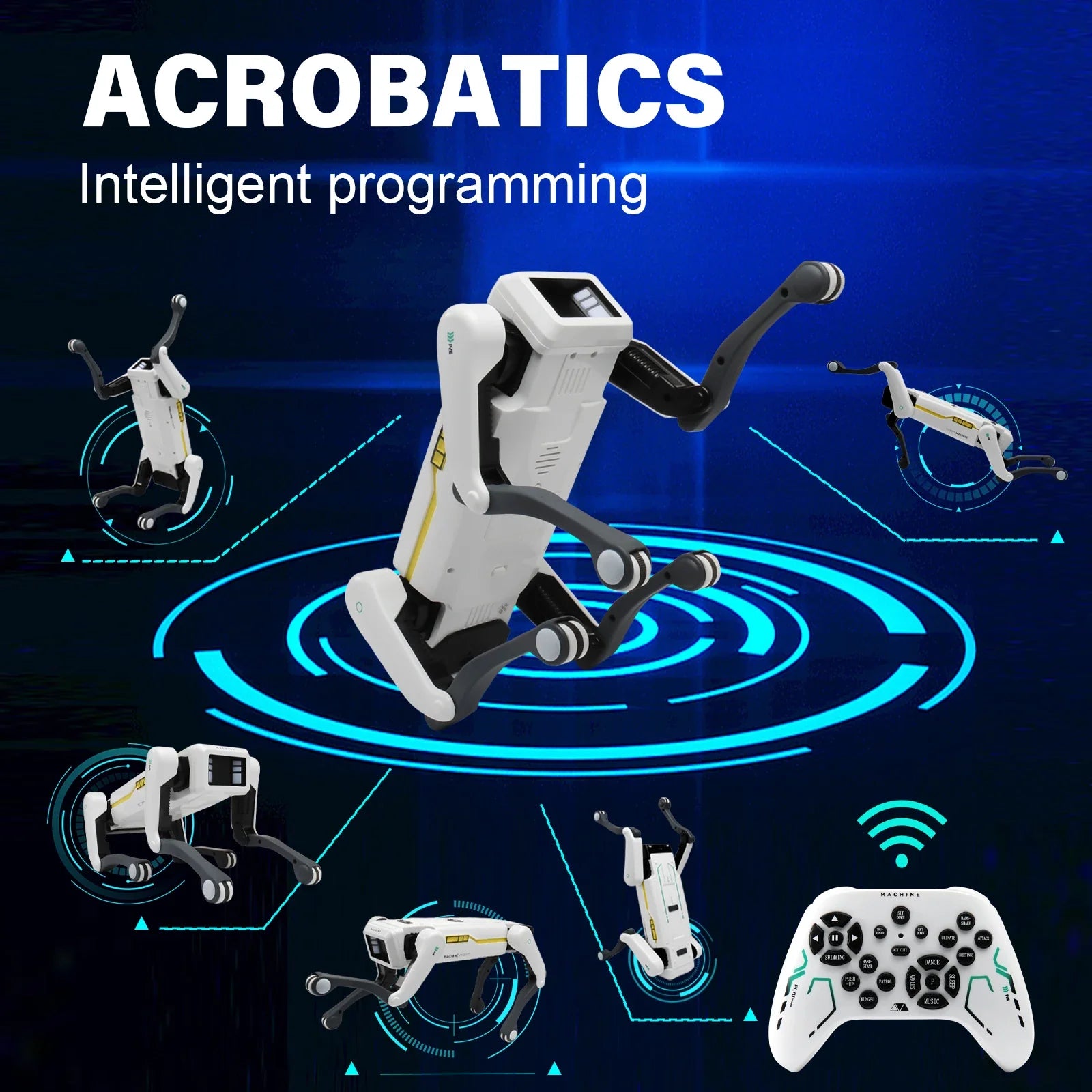 Robotic acrobat performing acrobatics with intelligent programming on a blue background